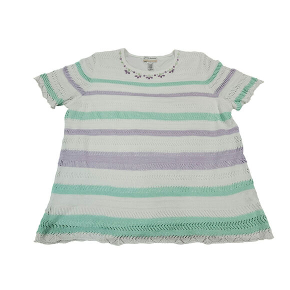 Alfred Dunner Women Short Sleeve  Striped Top Blouse SZ Floral 1X White Crochet - Picture 1 of 6